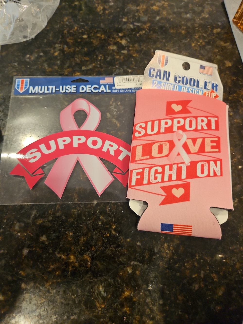 Support Love Fight On Pink Breast Cancer Can Cooler & Decal Set